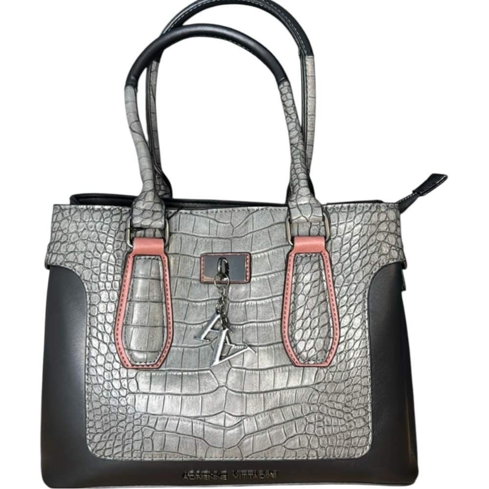 Adrienne Vittadini Satchel Crocodile Texture Gray & Black w/ Change Pouch NWT
